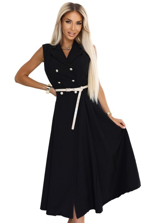 596-3 Elegancka szmizjerka midi ze złotymi guzikami i paskiem - CZARNA Numoco basic