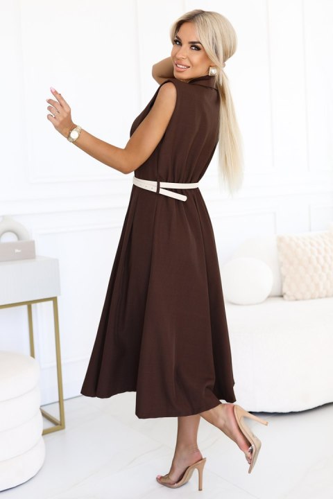 596-4 Elegancka szmizjerka midi ze złotymi guzikami i paskiem - CZEKOLADOWA Numoco basic