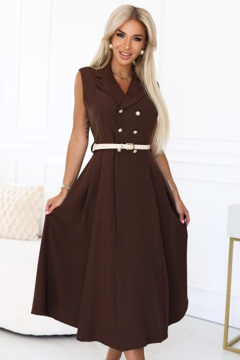 596-4 Elegancka szmizjerka midi ze złotymi guzikami i paskiem - CZEKOLADOWA Numoco basic