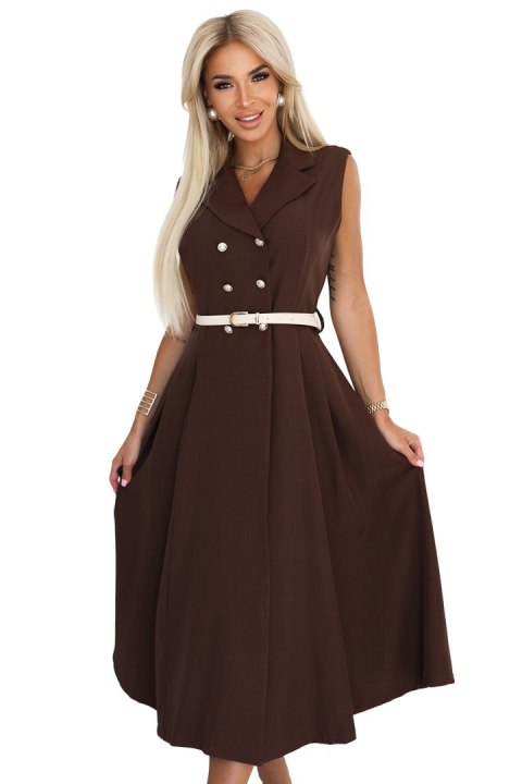 596-4 Elegancka szmizjerka midi ze złotymi guzikami i paskiem - CZEKOLADOWA Numoco basic