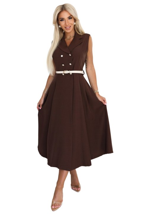 596-4 Elegancka szmizjerka midi ze złotymi guzikami i paskiem - CZEKOLADOWA Numoco basic