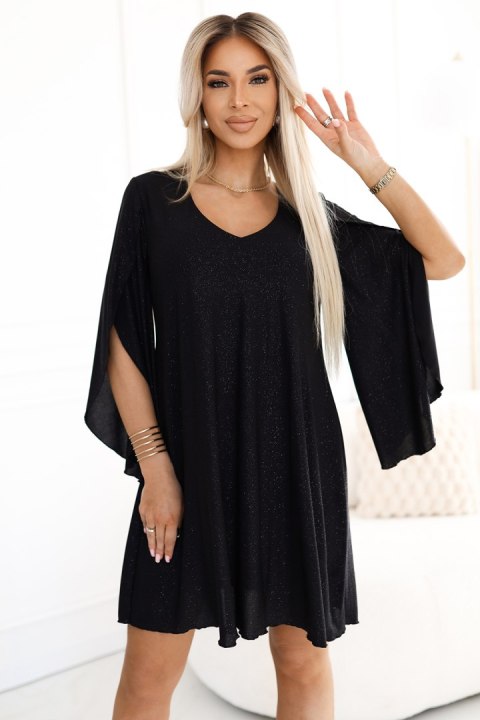 597-1 LIVIA Elegancka trapezowa sukienka z rękawami typu motyl - czarna z brokatem Numoco