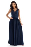 215-6 LEA długa elegancka suknia maxi z koronkową górą i rozcięciem na nodze - granatowa Numoco