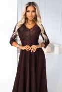 309-14 AMBER elegancka długa koronkowa suknia z dekoltem - czekolada Numoco
