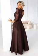 309-14 AMBER elegancka długa koronkowa suknia z dekoltem - czekolada Numoco