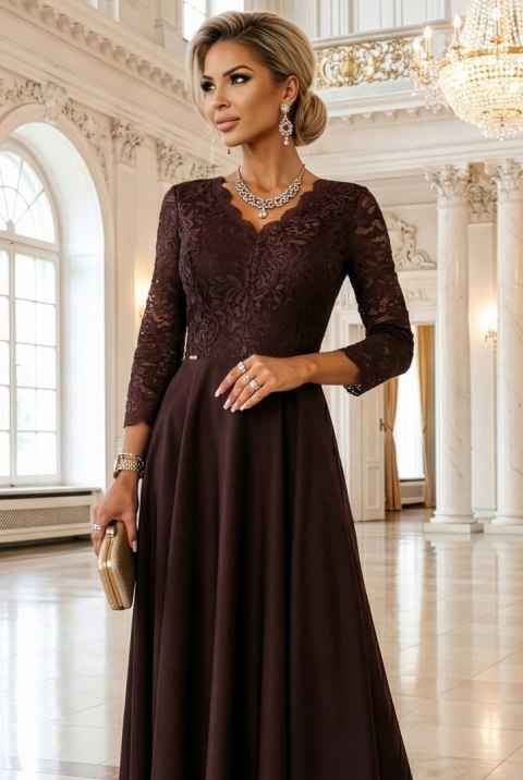 309-14 AMBER elegancka długa koronkowa suknia z dekoltem - czekolada Numoco
