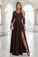 309-14 AMBER elegancka długa koronkowa suknia z dekoltem - czekolada Numoco