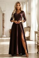 309-14 AMBER elegancka długa koronkowa suknia z dekoltem - czekolada Numoco