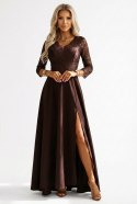 309-14 AMBER elegancka długa koronkowa suknia z dekoltem - czekolada Numoco