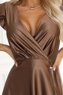 411-14 CRYSTAL satynowa długa suknia z dekoltem - mocha mousse Numoco