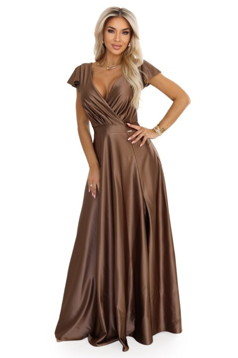 411-14 CRYSTAL satynowa długa suknia z dekoltem - mocha mousse Numoco