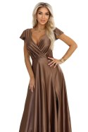 411-14 CRYSTAL satynowa długa suknia z dekoltem - mocha mousse Numoco