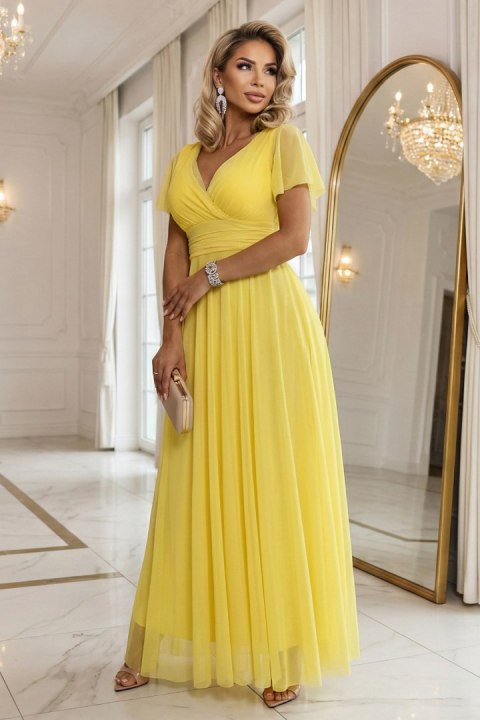 562-8 NASTIA Długa sukienka z dekoltem, wiązaniem i krótkim rękawkiem - cytrynowe limoncello Numoco basic