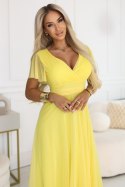 562-8 NASTIA Długa sukienka z dekoltem, wiązaniem i krótkim rękawkiem - cytrynowe limoncello Numoco basic