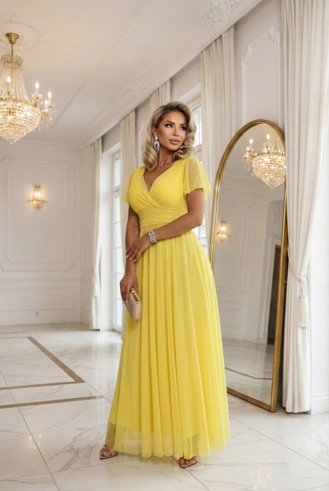 562-8 NASTIA Długa sukienka z dekoltem, wiązaniem i krótkim rękawkiem - cytrynowe limoncello Numoco basic