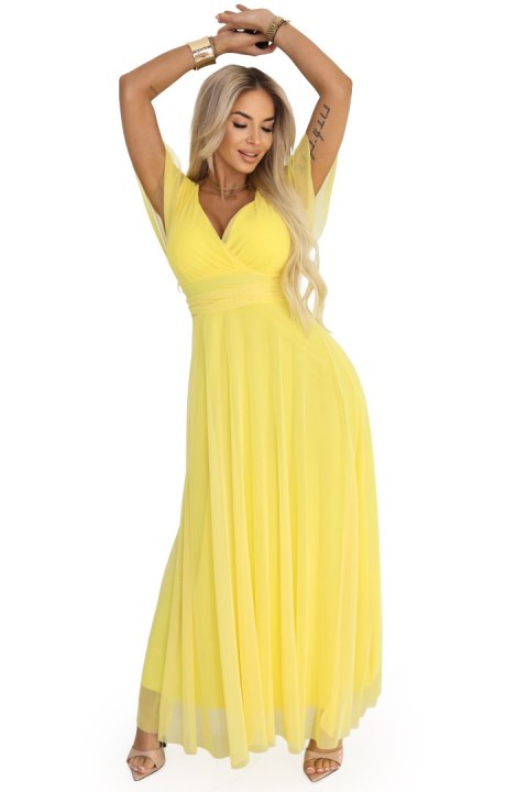 562-8 NASTIA Długa sukienka z dekoltem, wiązaniem i krótkim rękawkiem - cytrynowe limoncello Numoco basic
