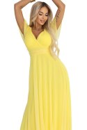 562-8 NASTIA Długa sukienka z dekoltem, wiązaniem i krótkim rękawkiem - cytrynowe limoncello Numoco basic