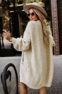 628-1 Modny kardigan oversize z ozdobną broszką i praktycznymi kieszeniami - beżowy Numoco basic