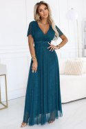 635-1 MELANIA długa błyszcząca suknia z dekoltem i krótkim rękawkiem - zieleń butelkowa Numoco basic