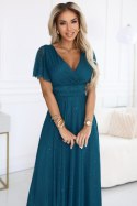635-1 MELANIA długa błyszcząca suknia z dekoltem i krótkim rękawkiem - zieleń butelkowa Numoco basic