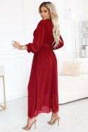 639-1 Elegancka plisowana sukienka maxi z paskiem i kopertowym dekoltem - bordowa Numoco basic