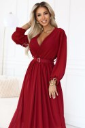 639-1 Elegancka plisowana sukienka maxi z paskiem i kopertowym dekoltem - bordowa Numoco basic