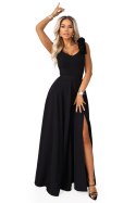 643-2 Elegancka wieczorowa suknia maxi z rozcięciem i różami - klasyczna czerń Numoco