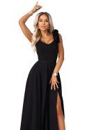643-2 Elegancka wieczorowa suknia maxi z rozcięciem i różami - klasyczna czerń Numoco