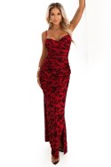 645-2 Dopasowana sukienka maxi z kopertowym dekoltem i rozcięciem - bordowa z eleganckim wzorem Numoco basic
