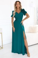 653-1 Elegancka długa sukienka z różą, paskiem i wysokim rozcięciem - butelkowa zieleń Numoco