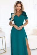 653-1 Elegancka długa sukienka z różą, paskiem i wysokim rozcięciem - butelkowa zieleń Numoco