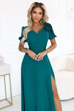 653-1 Elegancka długa sukienka z różą, paskiem i wysokim rozcięciem - butelkowa zieleń Numoco