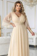 654-2 Długa połyskująca sukienka plus size z dekoltem i transparentnym rękawkiem - szampański beż Numoco basic