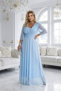 654-3 Długa połyskująca sukienka plus size z dekoltem i transparentnym rękawkiem - błękitna Numoco basic