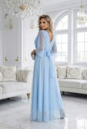 654-3 Długa połyskująca sukienka plus size z dekoltem i transparentnym rękawkiem - błękitna Numoco basic