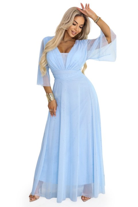 654-3 Długa połyskująca sukienka plus size z dekoltem i transparentnym rękawkiem - błękitna Numoco basic