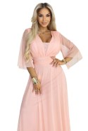 654-4 Długa połyskująca sukienka plus size z dekoltem i transparentnym rękawkiem - brzoskwiniowa Numoco basic