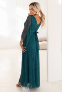 655-2 Długa połyskująca w świetle suknia z dekoltem i transparentnym rękawkiem - szmaragdowa zieleń Numoco basic