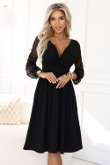 657-1 Elegancka sukienka midi z kopertowym dekoltem i tiulowymi rękawami - czarna Numoco
