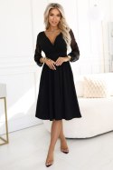 657-1 Elegancka sukienka midi z kopertowym dekoltem i tiulowymi rękawami - czarna Numoco