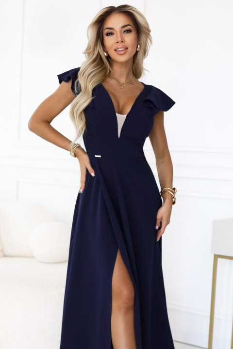 660-1 Elegancka sukienka maxi z falbankami, głębokim dekoltem i rozcięciem na nodze - granatowa Numoco