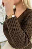 661-2 Ciepły sweter oversize o mięsistym splocie i dekolcie V - czekoladowy Numoco basic