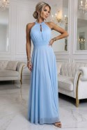 662-1 Elegancka sukienka wieczorowa maxi halter z tiulem i wiązaniem w talii - błękitna Numoco basic