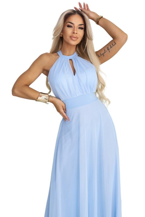 662-1 Elegancka sukienka wieczorowa maxi halter z tiulem i wiązaniem w talii - błękitna Numoco basic
