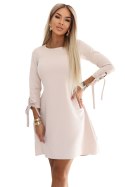 195-12 ALICE Trapezowa sukienka mini z kokardą i wiązanymi rękawami - beżowa Numoco