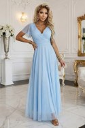 635-6 MELANIA długa błyszcząca suknia na wesele z dekoltem i krótkim rękawkiem - błękitna Numoco basic