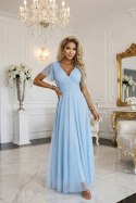 635-6 MELANIA długa błyszcząca suknia na wesele z dekoltem i krótkim rękawkiem - błękitna Numoco basic