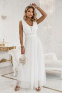 637-8 Długa sukienka maxi z brokatowym akcentem i głębokim dekoltem - ecru Numoco basic