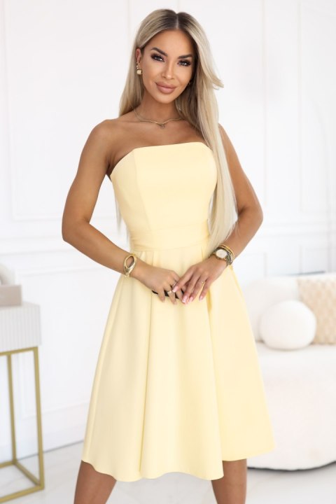 641-3 VIVIENNE gorsetowa rozkloszowana sukienka midi z paskiem - pastelowy żółty Numoco