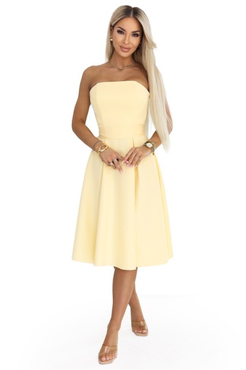 641-3 VIVIENNE gorsetowa rozkloszowana sukienka midi z paskiem - pastelowy żółty Numoco